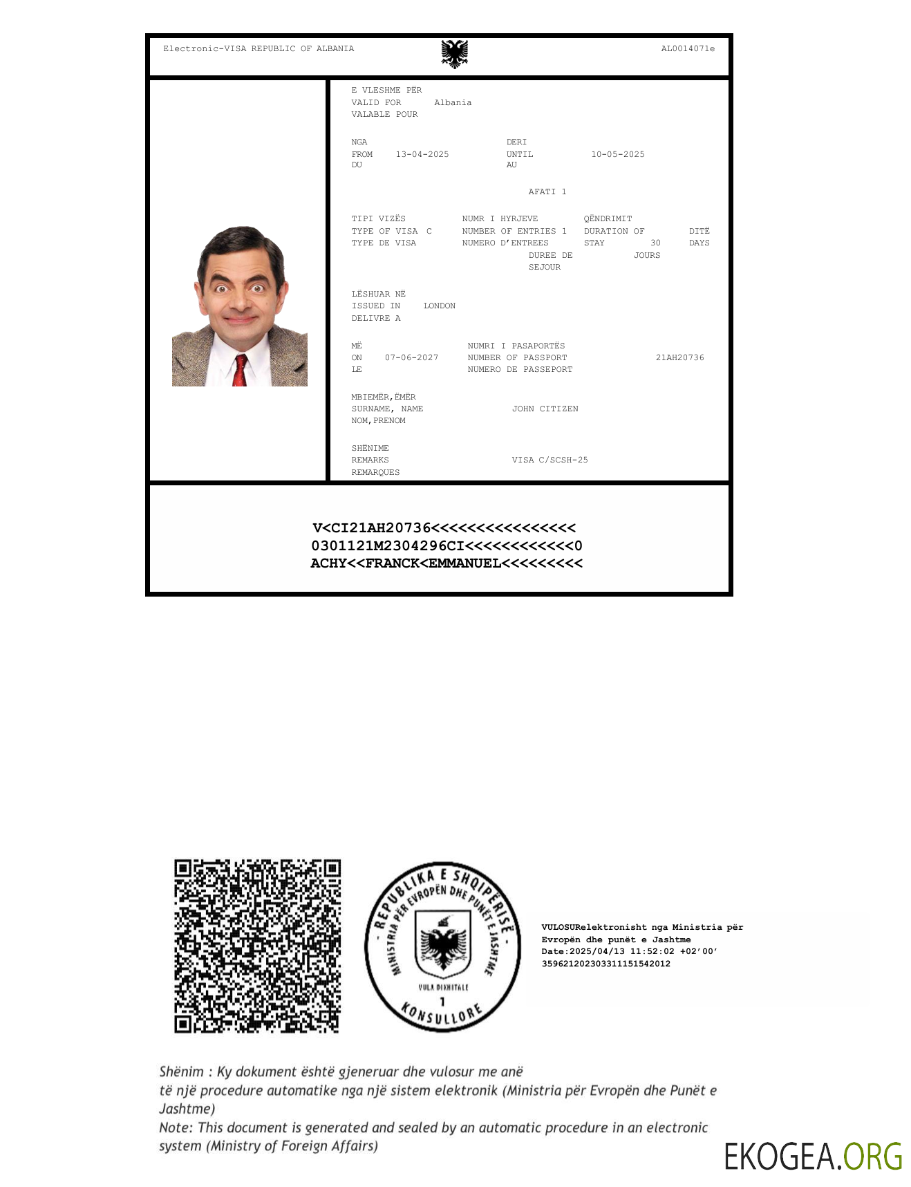 Modèle de visa électronique pour l'Albanie aux formats Word et PDF, version 2